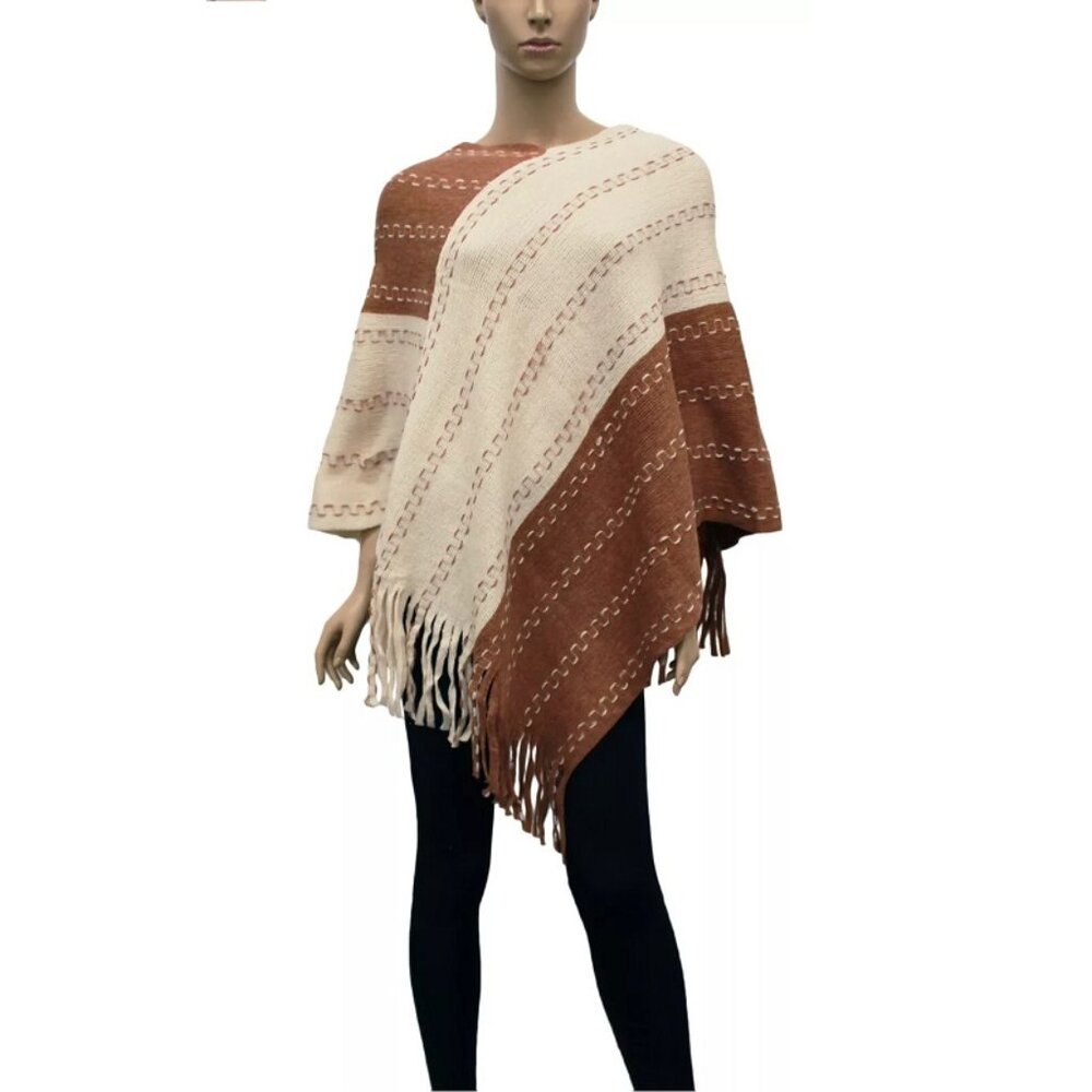 Two-Tone Knit Stripe Poncho with Fringe - Picture 2 of 6